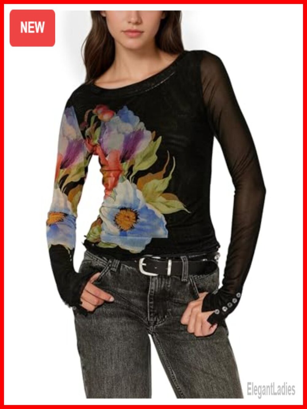 Women Floral Mesh Long Sleeve Crew Neck Slim Fit Y2K Going Out Tee Top
